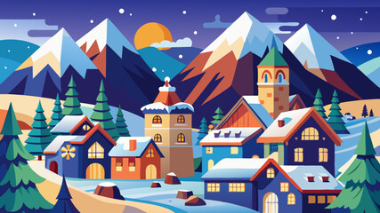 A winter scene with a mountain range in the background