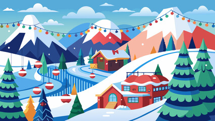 A winter scene with a ski slope and a red house