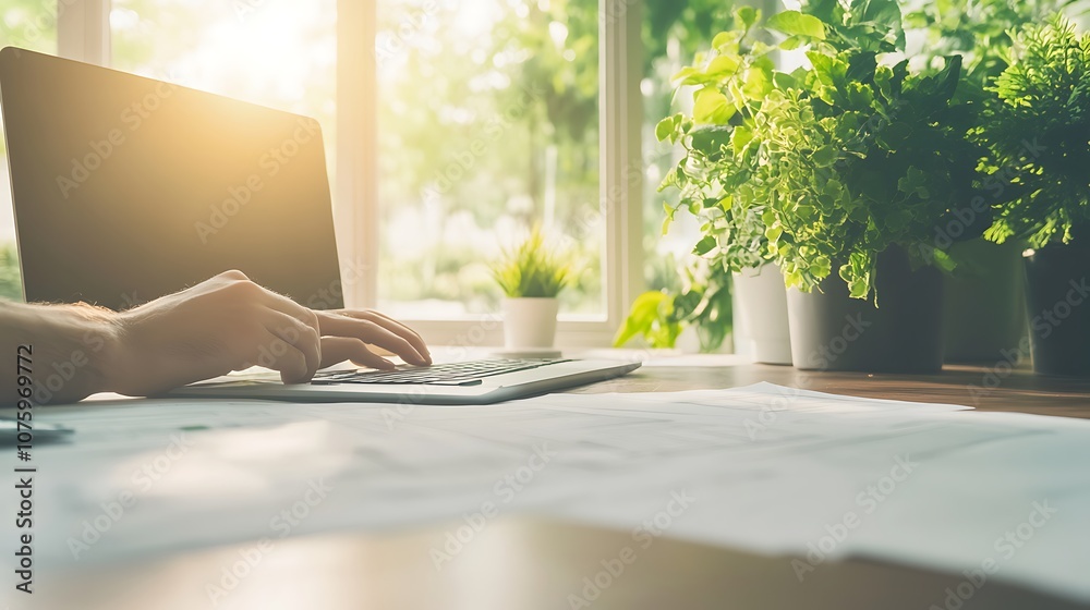Aufkleber a serene workspace with a hand typing on a keyboard, illuminated by sunlight, surrounded by vibrant 