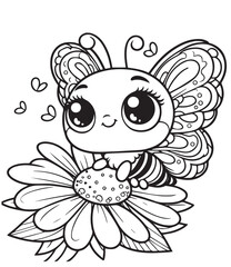 Coloring page butterfly and sun flower illustration