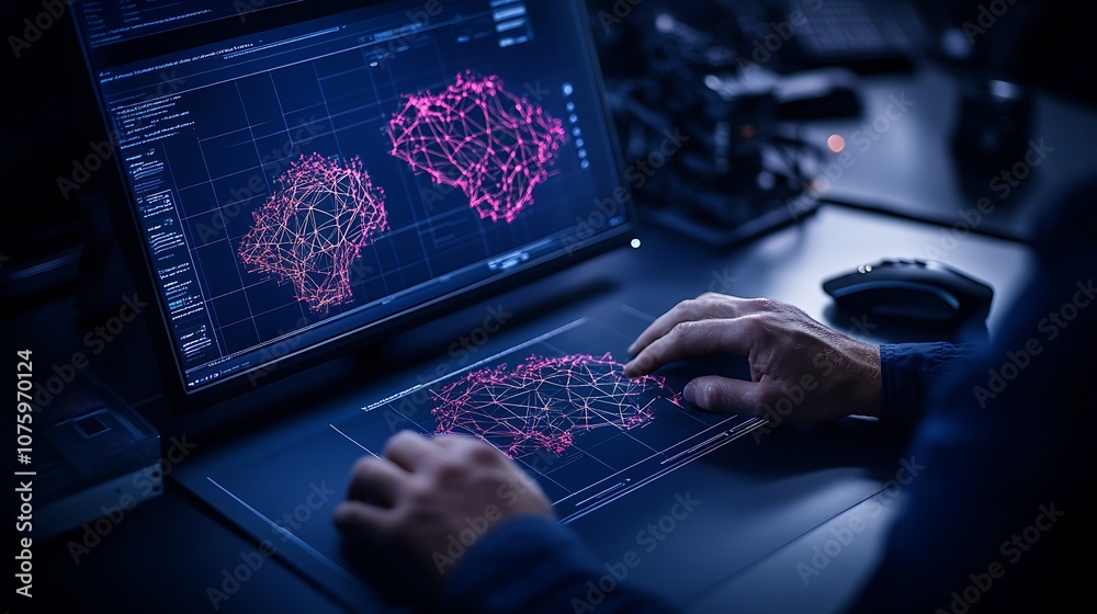 Poster A person interacts with a touchscreen displaying intricate data visualizations in a dark room, highlighting the fusion of technology and analytical data exploration.