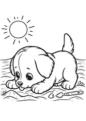 coloring page design cute dog play beach 