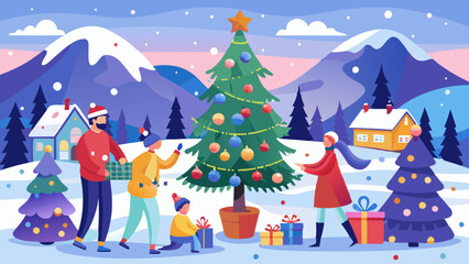 A family is decorating a Christmas tree in a snowy mountain setting