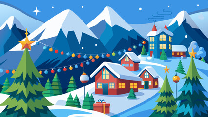 A Christmas scene with a mountain backdrop and houses with Christmas lights