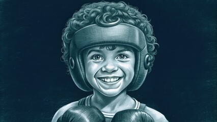 Fototapeta premium Portrait of a Smiling Young Boxer with Headgear and Gloves