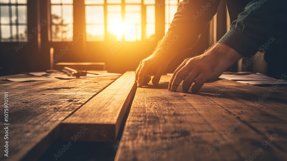 Poster a craftsman works diligently on a wooden surface, with sunlight shining through a window, creating a