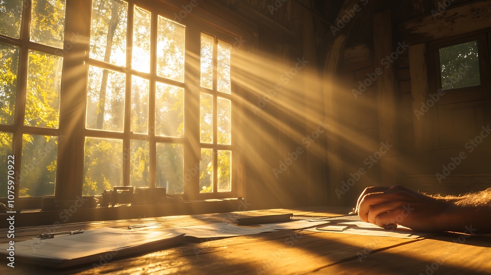 Poster a warm, sunlit room with rays streaming through a window, illuminating a wooden table and a person's