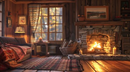 Rustic Fireplace Ambiance in a Cozy Log Cabin Living Room - Made with Generative AI
