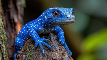 Obraz premium A vibrant blue lizard perched on a tree branch in a lush environment.