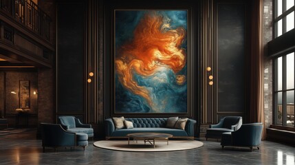 Grand Lounge with Striking Abstract Art and Luxurious Blue Seating - Made with Generative AI