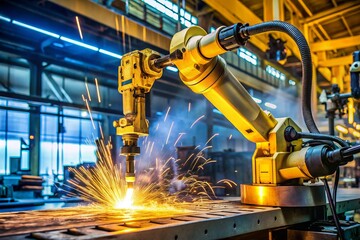 Fototapeta premium Yellow Industrial Robot Arm in Factory Performing Precision Welding on Metal Pieces for Advanced Manufacturing Automation and Efficiency Enhancement