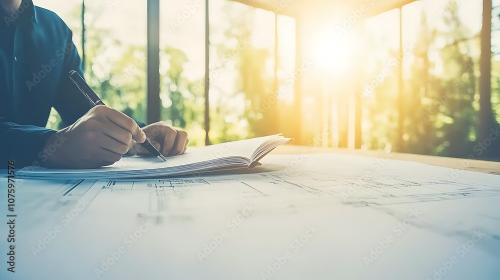 Aufkleber A person sketches on a notepad in a bright, sunlit room with large windows surrounded by greenery, suggesting creativity and focus in a tranquil environment.