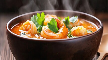 Hot and Flavorful Shrimp Soup with Fresh Herbs Served in a Rustic Bowl, Perfect for a Cozy Meal on a Chilly Evening with Steam Rising