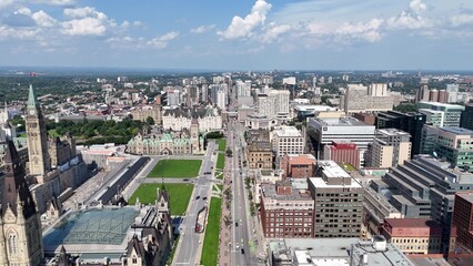 Aerial city view of the skyline of downtown Ottawa, including Parliament buildings Ottawa, Ontario Canada.