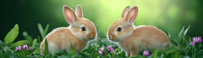 Fototapeta premium Two baby bunnies playing near wildflowers, framed by vibrant greenery and soft lighting, embodying the playful nature of young rabbits in a natural setting