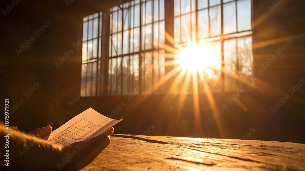 Poster A soft-lit room features a person holding a notebook, with sunlight streaming through windows, creating a warm and inviting atmosphere.