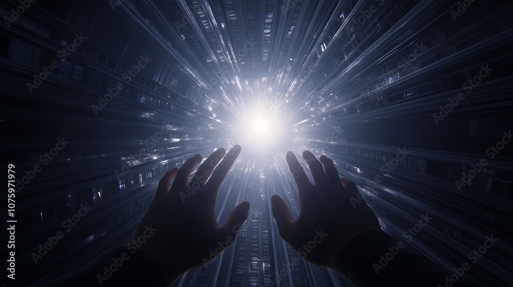 Poster a set of hands reaches toward a bright light, surrounded by a dark, digital environment, evoking a s