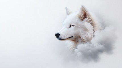 Obraz premium Majestic White Wolf Emerging from Soft Clouds, Exuding Serenity and Strength, Symbolizing Freedom, Beauty, and the Power of Nature in a Dreamlike Ambiance
