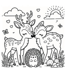 cute deer coloring page with hedgehog