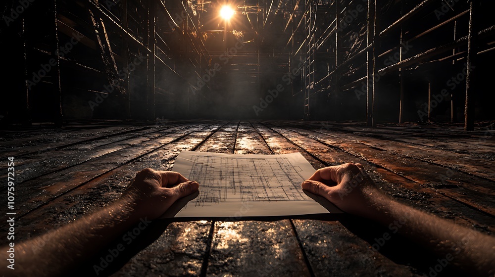 Aufkleber a dimly lit room with a wooden floor, featuring a pair of hands holding a paper under a single overh