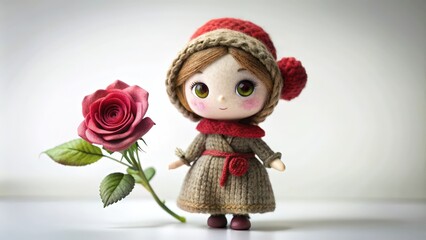Fototapeta premium Handmade Doll in Red Hat and Brown Coat with a Red Rose