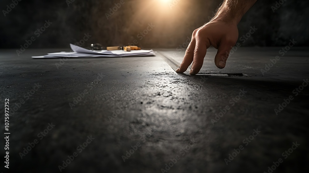Poster A close-up of a hand inspecting a textured surface, with scattered papers in the background and a warm light source illuminating the scene.