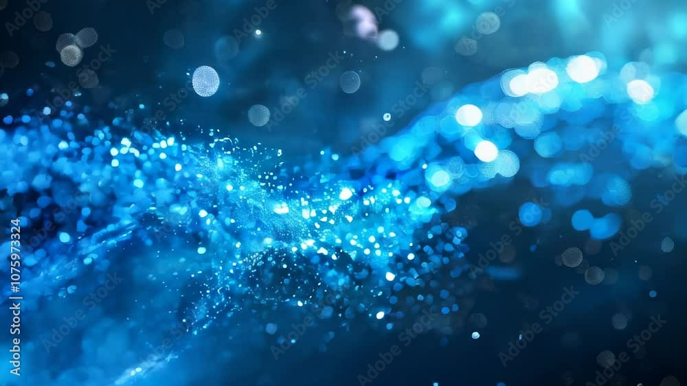 Poster elegant blue wave of glowing particles with bokeh light effects, creating a dynamic and ethereal atm