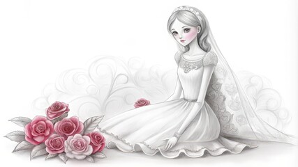 A Bride with Roses in a White Dress
