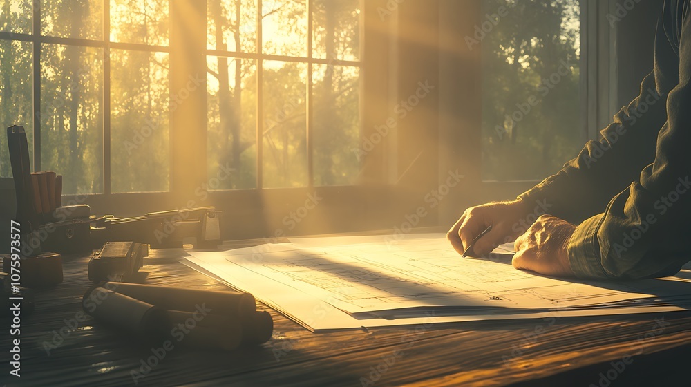 Poster a serene workspace illuminated by golden sunlight, featuring hands crafting or organizing materials 