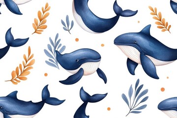 Watercolor seamless pattern of whales, isolate on white background.