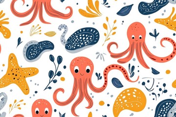 Obraz premium Flat style seamless pattern of squids, isolate on white background.
