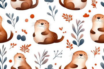 Obraz premium Watercolor seamless pattern of sea otters, isolate on white background.