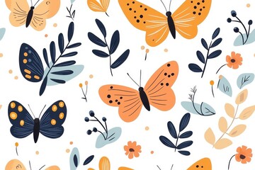 Obraz premium Flat style seamless pattern of butterflies, isolate on white background.