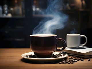Fototapeta premium Hot Coffee with Rising Steam on a Wooden Table