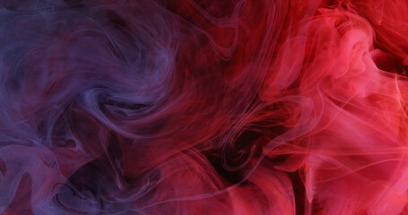 Paint water drop. Smoke cloud. Red purple color splash mist floating wave spreading reveal on black abstract background.