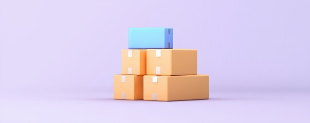 Obraz premium A stack of orange and blue boxes on a soft purple background, symbolizing packaging and delivery.