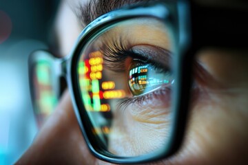 A close up of both eye wearing glasses, reflecting stock trading board.

