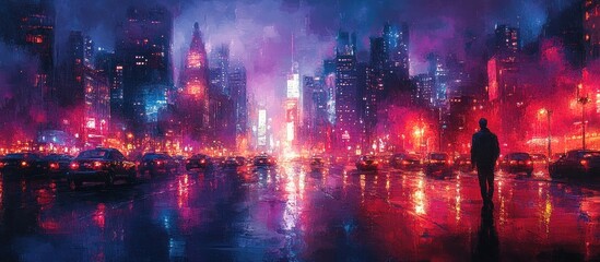 Fototapeta premium Night Cityscape with a Solitary Figure