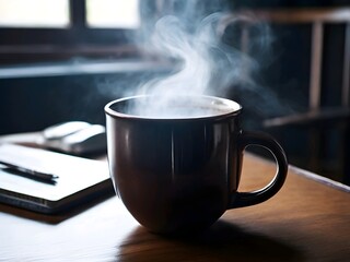 Fototapeta premium Hot Steam Rising from a Black Coffee Mug