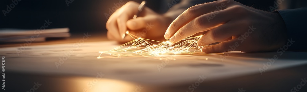 Poster A pair of hands creates intricate patterns with sparkling elements on a workspace, highlighting a moment of artistry and craftsmanship.