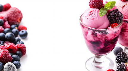 A colorful dessert featuring berry ice cream topped with fresh berries and mint in a glass.