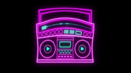 Animated Neon Radio Boombox Audio Spectrum Music Tape Recorder Background. Neon Retro Tape Recorder Vintage Hipster Luminous Blue Purple.  - Powered by Adobe