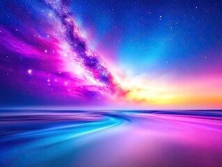 Stunning Abstract Landscape with Vibrant Colors and Celestial Elements Under a Starry Night Sky Over a Tranquil Ocean, Creating a Dreamlike Atmosphere