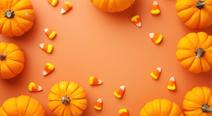 Bright orange pumpkins and candy corn create a festive Halloween arrangement perfect for celebration and decoration. Generative AI
