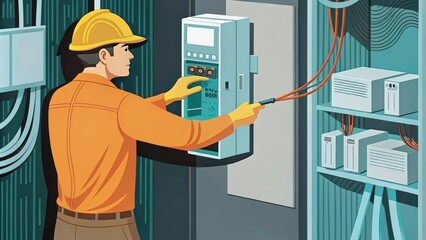 Electrician Working on Electrical Panel with Wires and Equipment