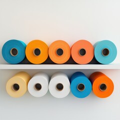 Fototapeta premium A vibrant display of colorful rolls arranged neatly on a shelf, isolated on a white background.