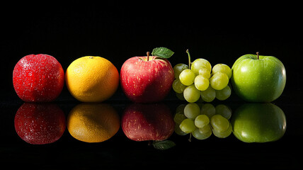 Fresh fruits arranged in line, reflecting beautifully on black surface