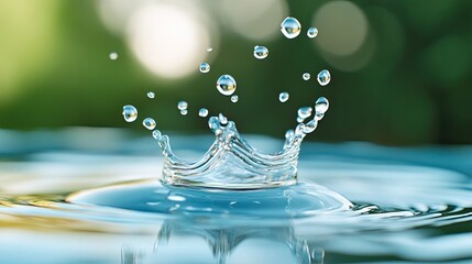 Elegant Water Drop Splashing into Clear Blue Surface Creating Beautiful Ripple Effects with Soft Focus on Background for Freshness and Nature Themes