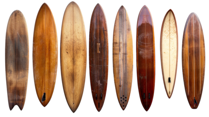 Collection of vintage wooden flashboard surfboards isolated on a transparent background 