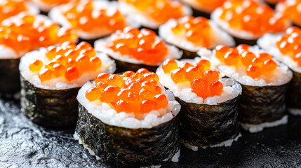 A close-up view of sushi rolls topped with vibrant orange fish roe, arranged neatly on a dark surface, showcasing their texture and color.